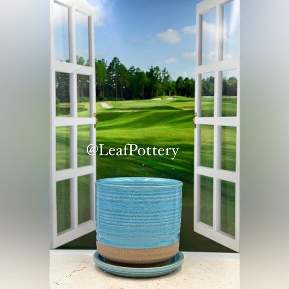 Bluish Blue/Beige Ceramic Planter Pot with Saucer Attached - Picture 8 of 11